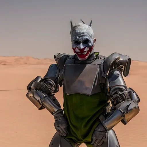 Image similar to cinematic portrait of the joker wearing t - 5 1 b power armor in the desert, 8 k, very detailed, very intricate,