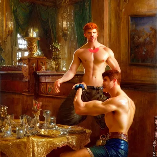 Image similar to attractive muscular mike with ginger hair with muscular attractive tyler with brunet hair, drinking their hearts out, in their noble mansion. highly detailed painting by gaston bussiere, craig mullins, j. c. leyendecker 8 k