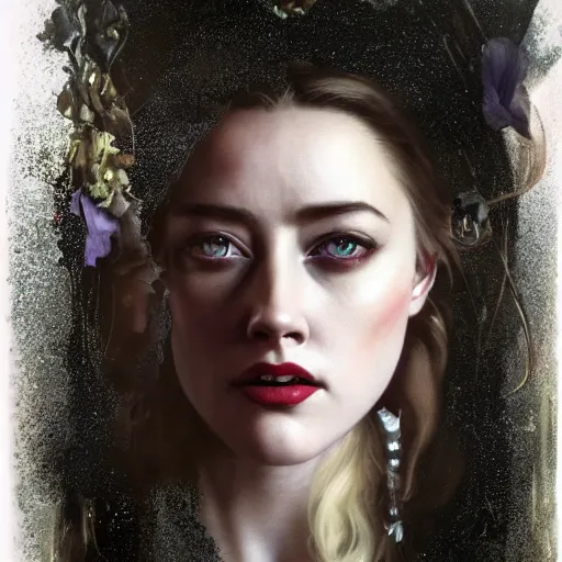 Prompt: hyperrealistic portrait of a woman as amber heard as a vampire witch tears makeup dramatic in a black flower coat reflection in a stone mirror portrait cracks with falling petals. by jeremy mann and alphonse mucha, fantasy art, photo realistic, dynamic lighting, artstation, poster, volumetric lighting, very detailed faces, 4 k, award winning