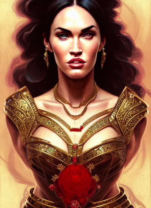 Image similar to portrait of megan fox as a queen, throne, jewelry, greek, ruby, intricate, headshot, highly detailed, digital painting, artstation, concept art, sharp focus, cinematic lighting, illustration, art by artgerm and greg rutkowski, alphonse mucha, cgsociety