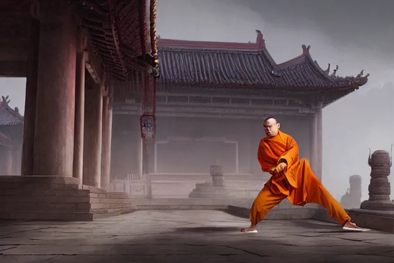 Image similar to a monkey dressed as a shaolin monk, standing in front of an ancient chinese palace, cinematic, dramatic lighting, digital art, artstation, greg rutkowski