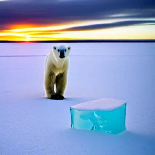 Image similar to a photo of a skinny polar bear beside a block of ice, on a tiny pacific island, beautiful desert island, national geographic