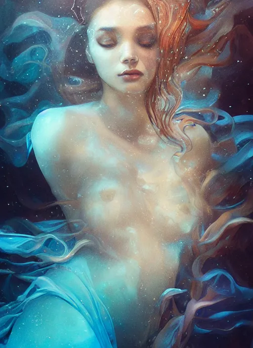 Image similar to an underwater photographic portrait of a woman created out of starlight and smoke, cinematic, volumetric lighting, beautiful fantasy, intricate, elegant, highly detailed, digital painting, artstation, concept art, smooth, sharp focus, illustration, art by ayami kojima, artgerm and h r giger and alphonse mucha