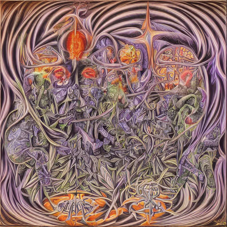 Image similar to experision of mind-matter interaction through death by Alex Grey and M. C. Escher collaboration, digital painting, Groundcore