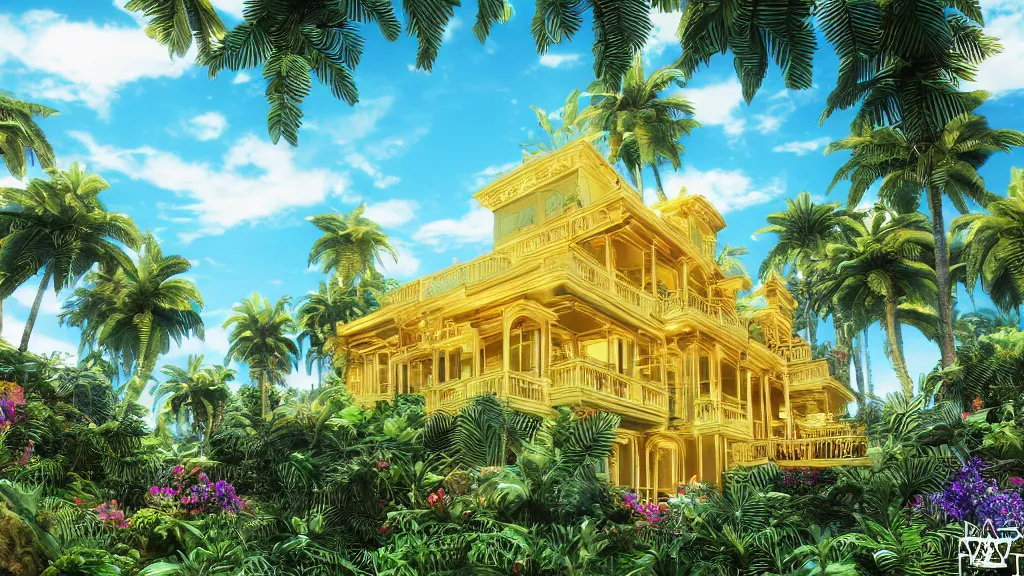 Image similar to golden mansion in a vaporwave jungle, 4k, ultra realistic, award winning photograph