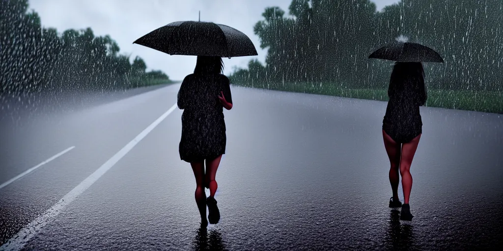 Prompt: hyperrealistic photo of a hot wet girl in the rain waling down the road, 8 k