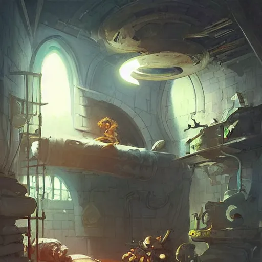 Image similar to A room inside of a sewer lair its neat and clean has a stack on comics on the floor and a sword rack over the bed,Bed, digital art from artstation by Andreas Rocha and Greg Rutkowski and Peter Mohrbacher