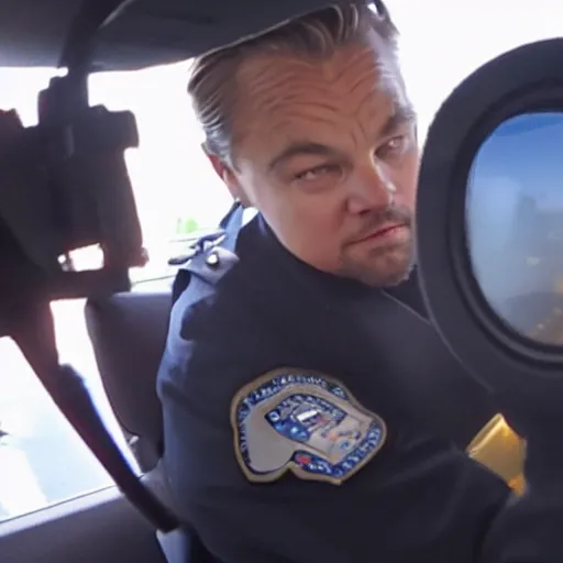 Image similar to bodycam photo of leonardo dicaprio robbing a police officer, wide angle, fisheye, uhd, 8 k, bodycam, award winning,