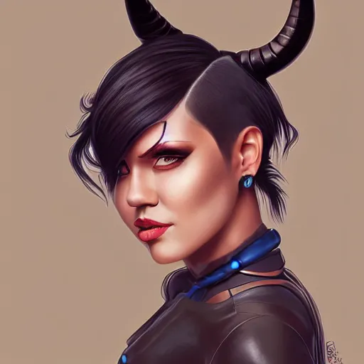 Image similar to illustrated realistic portrait of swept-back prong-horned devil woman with blue bob hairstyle and her tan colored skin and with solid black eyes wearing leather by rossdraws