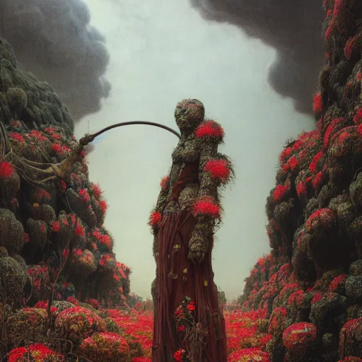 Image similar to A woman wearing clothes made out of thunder clouds and flowers, giant monsters walking in the background, red skin, Masterpiece, glowing, wires everywhere, by Edgar Maxence and Ross Tran, Zdzisław Beksiński, and Michael Whelan, distant, gustav dore, H.R. Giger, 8k, octane render