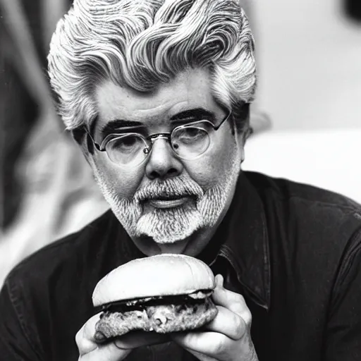 Prompt: George Lucas eating a hamburger