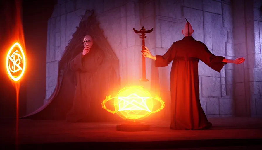 Image similar to an evil priest performs demonic ritual with magic and a glowing sigil in a fantastic temple, volumetric lighting, magical lighting, raytracing, dynamic lights and shadows, photorealistic render, digital art, wallpaper