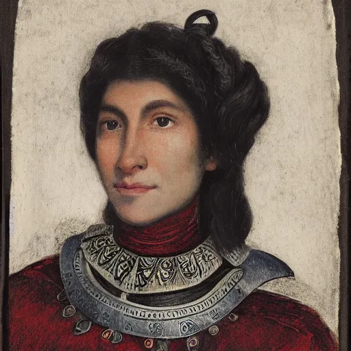 Prompt: head and shoulders portrait of a female knight, quechua, lorica segmentata, tonalist, baroque, symbolist, realistic, ambrotype, detailed, engraving, modeled lighting, vignetting, prussian blue and venetian red, angular, smiling, raven