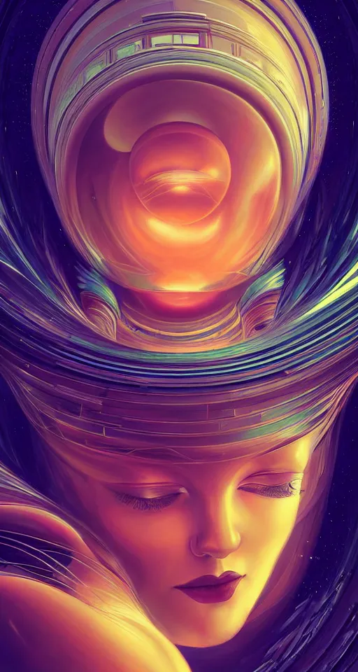 Prompt: art deco close up portait of head surrounded by spheres, like a dream digital painting curvalinear cinematic dramatic fluid lines otherworldly vaporwave interesting details epic composition by artgerm