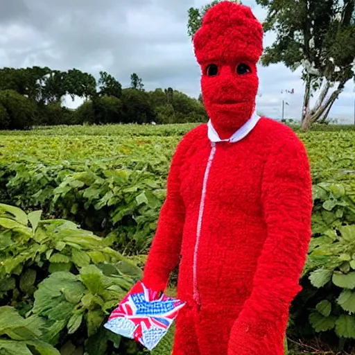 Image similar to dole man in strawberry costume