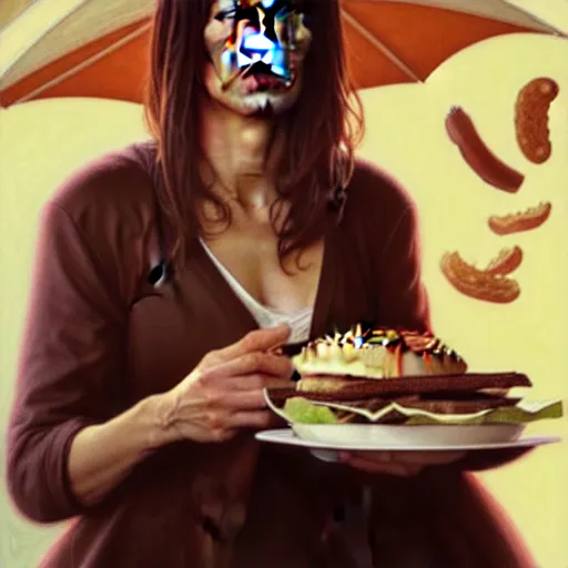 Image similar to portrait of Sandra Bullock eating hamburgers, extra onions and ketchup, luscious patty with sesame seeds, feminine ethereal, handsome, D&D, fantasy, intricate, elegant, highly detailed, digital painting, artstation, concept art, matte, sharp focus, illustration, art by Artgerm and Greg Rutkowski and Alphonse Mucha
