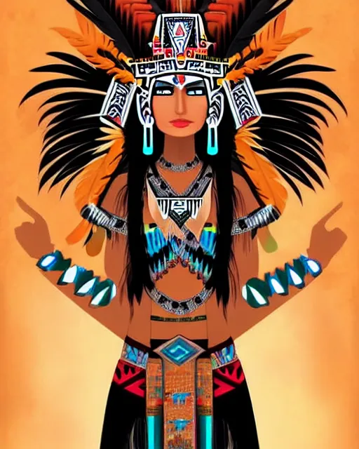 Prompt: character design, aztec warrior goddess with beautiful woman face, crown of very long feathers, full body, glowing aztec tattoos, beautiful, dark fantasy