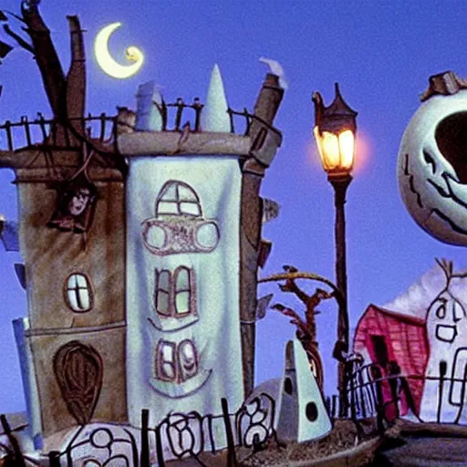Prompt: a city in'nightmare before christmas'halloween town.