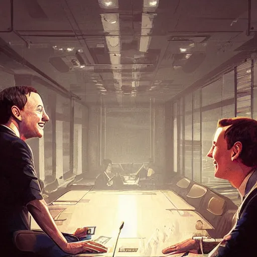 Image similar to cell shaded illustration of a meeting between elon musk, mark zuckerberg, jeff bezos, very detailled, by artgem, greg rutkowski