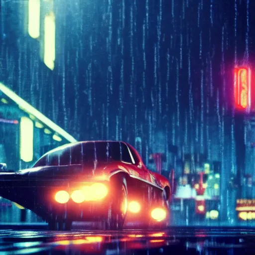Image similar to of Captain Falcon under the rain in the movie Blade Runner, cinematic lighting, 4k