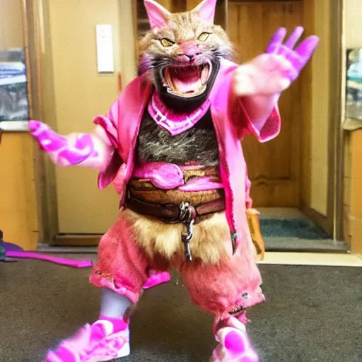 Image similar to a crazy dwarf tabaxi wearing pink flip flops, laughing hysterically