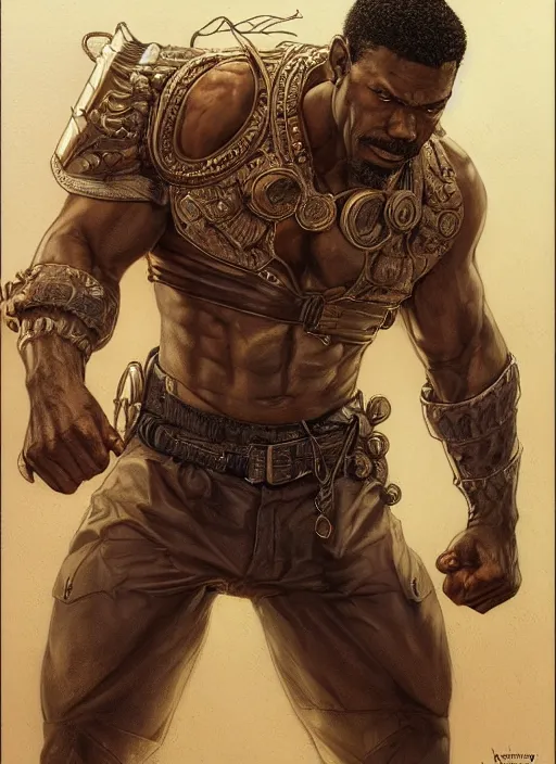 Image similar to a ruggedly handsome african american hero, intricate, elegant, highly detailed, centered, digital painting, artstation, concept art, smooth, sharp focus, illustration, art by artgerm and donato giancola and Joseph Christian Leyendecker