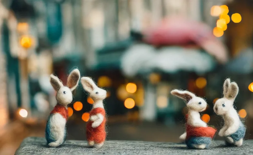 Prompt: miniature cafe diorama, macro photography, cafe with felted bunnies on a date, alleyway, ambient, atmospheric lighting, british, cozy, bokeh, romantic, colorful lanterns, cute decor