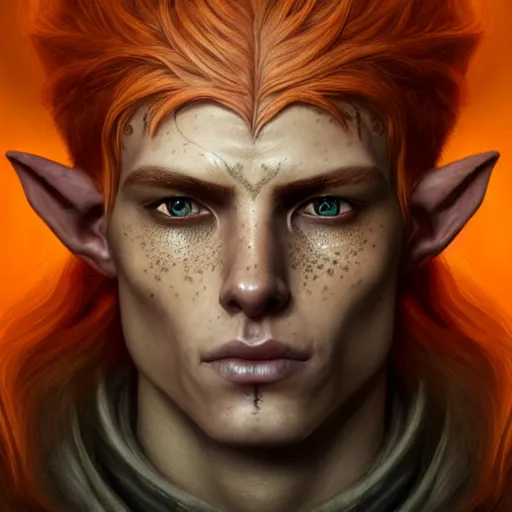 Image similar to portrait painting of an elven eladrin young man with short light orange hair and freckles and tribal tattoos on his cheekbones, ultra realistic, concept art, intricate details, eerie, highly detailed, photorealistic, octane render, 8 k, unreal engine. art by artgerm and greg rutkowski and charlie bowater and magali villeneuve and alphonse mucha