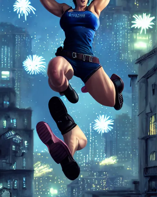 Image similar to gigachad jill valentine bodybuilder jumping in front of a fireworks show fighting in racoon city, fantasy character portrait, ultra realistic, anime key visual, full body concept art, intricate details, highly detailed by greg rutkowski, ilya kuvshinov, gaston bussiere, craig mullins, simon bisley