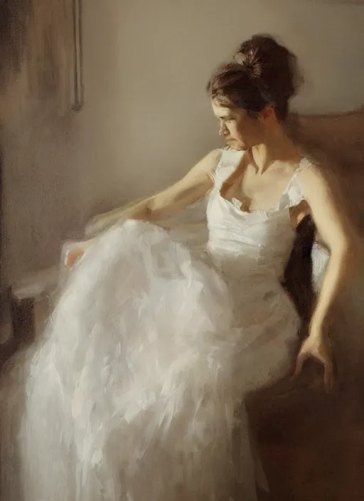 Image similar to portrait painting of a woman posing in an artistic over a bed, white victorian wedding dress by jeremy mann, only one head single portrait