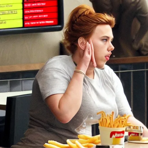 Image similar to fat scarlett johansson sitting in mcdonalds eating a burger, fans cheering