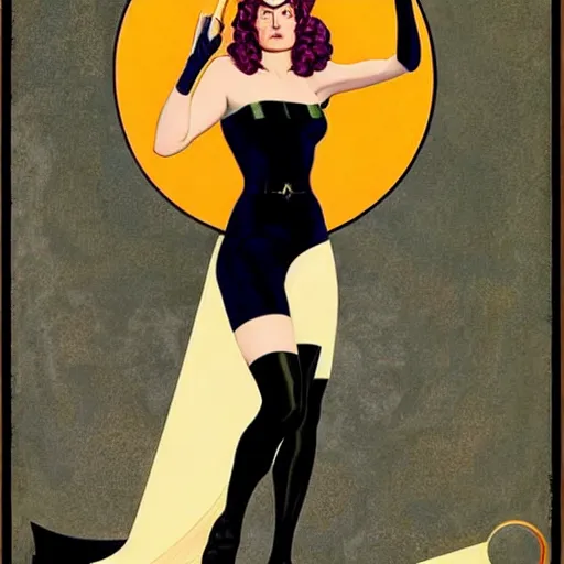 Prompt: Eva Green is Super Spy Captain, the Electric Woman, Art by Coles Phillips and Joshua Middleton, Chalk white skin, deep purple hair, Green eyes, Orange background, Mucha, Portrait of the actress, Eva Green as Metamorpho, carbon black and antique gold