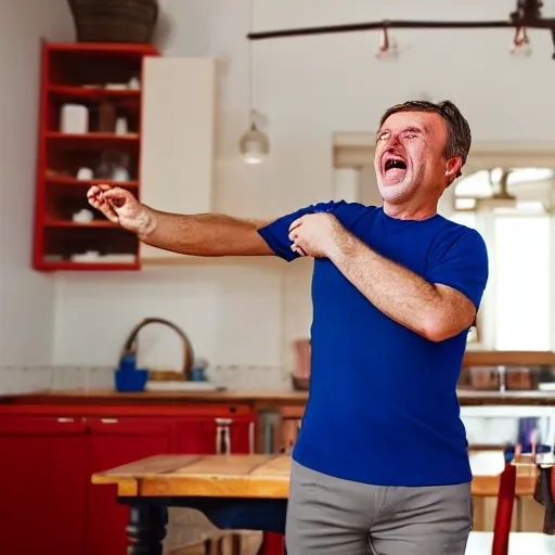 Image similar to a happy english irish middle aged man with brown moptop hair and red cheeks is wearing a blue tshirt and shorts. he dances with his arms excitedly like a chicken in his kitchen