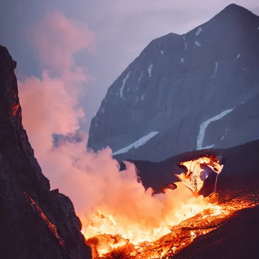 Prompt: photo of read fire breathing dragon under a mountain