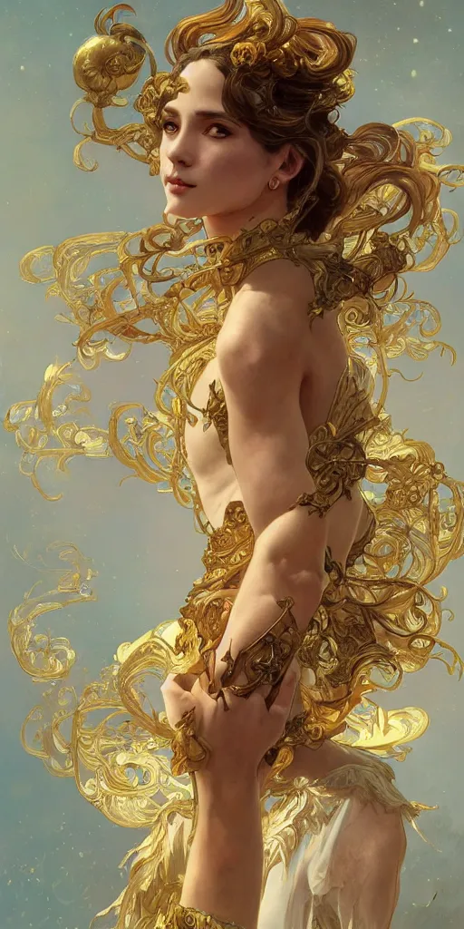 Image similar to portrait of a dream, ethereal, expressive pose, acrobatic, golden eyes, ornate frilly dress, fantasy, intricate, elegant, highly detailed, digital painting, artstation, concept art, smooth, sharp focus, illustration, art by artgerm and greg rutkowski and alphonse mucha