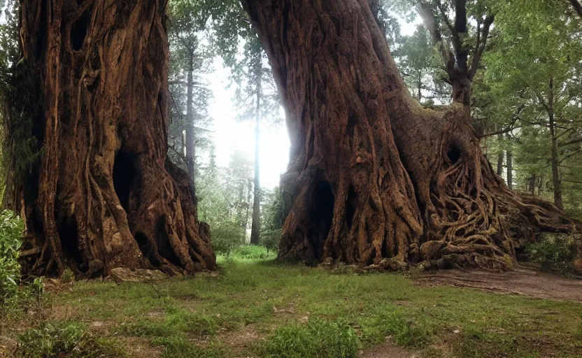 Prompt: secret entrance to giant ancient tree, background of the witcher game