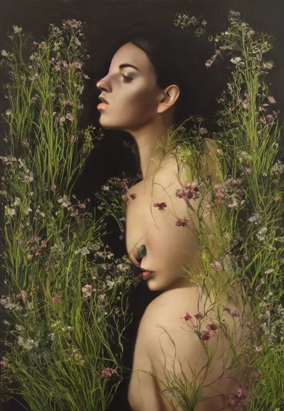 Prompt: female figure with grass flowers and leaves growing from her skin, black background, artificial light, hyperrealistic painting, serene, mysterious