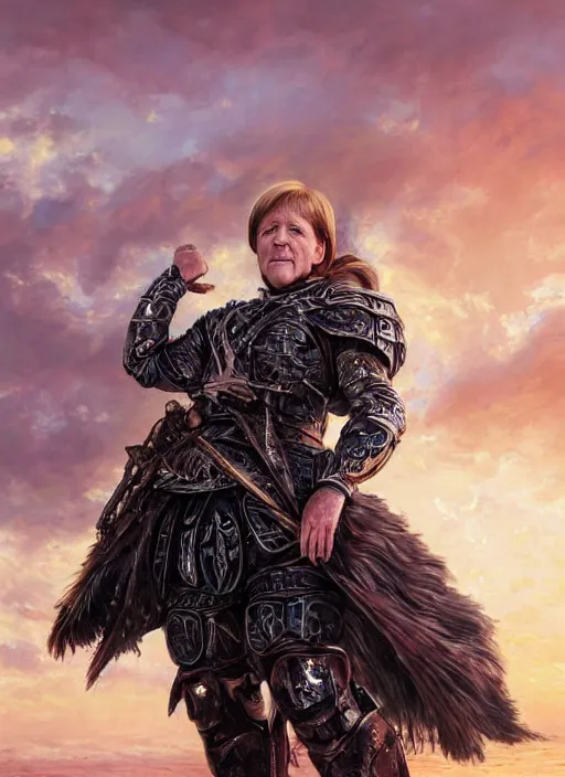 Image similar to Angela Merkel wearing black Armor, epic portrait of a very strong muscled Amazon heroine, sun beams across sky, pink golden hour, stormy coast, intricate, elegance, highly detailed, shallow depth of field, epic vista, Ralph Horsley, Daniel F. Gerhartz, Artgerm, Boris Villajo, Lilia Alvarado