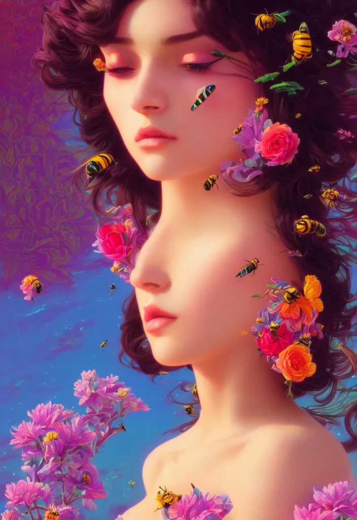 Prompt: young beautiful woman, gorgeous face, vaporwave aesthetic, synthwave, colorful, psychedelic, artstation, flowers, bees, full - body, gown, smooth, extremely sharp detail, finely tuned detail, 8 k, unreal engine 5, ultra sharp focus, illustration, art by artgerm and greg rutkowski and alphonse mucha