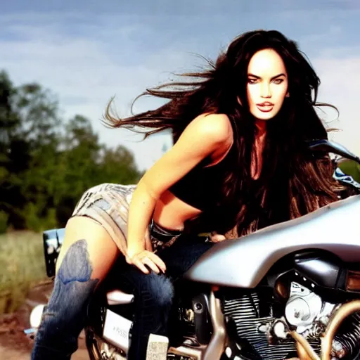 Image similar to young megan fox on a a motorcycle, highly realistic