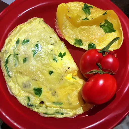 Prompt: omelette with sweet onion, red bell pepper and tomatoes, phone picture, instagram post,