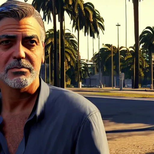 Prompt: george clooney in gta v. los santos in background, shallow depth of field, palm trees, cars in the art style of stephen bliss