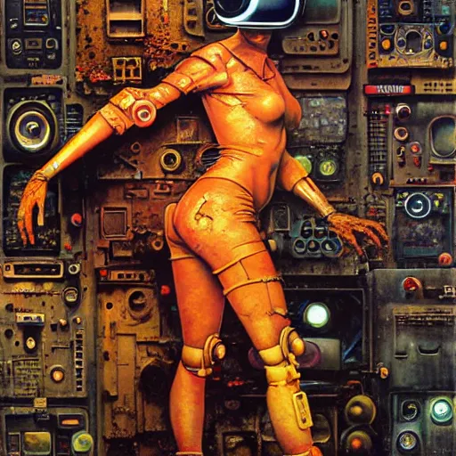 Prompt: junky women posing, cybertronic gadgets and vr helmet, flesh + technology, durty colours, mid shot, rotten textures, rusty shapes, biotechnology, norman rockwell, tim hildebrandt, dariusz zawadzki, bruce pennington, larry elmore, oil on canvas, deep depth field, masterpiece, cinematic composition, hyper - detailed, hd, hdr