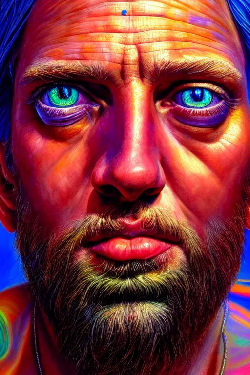 Prompt: hyperrealistic close - up portrait of psychedelic!!!!!!!!!! neuro - shaman hippy highly detailed concept art eric zener elson peter cinematic hard lighting high angle hd 8 k sharp shallow depth of field, inspired by denis villeneuve and zdzisław beksinski