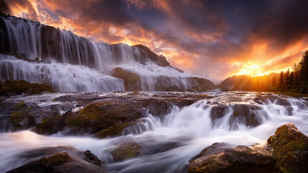 Image similar to amazing landscape photo of a water fall in sunset by marc adamus, beautiful dramatic lighting