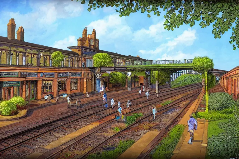 Image similar to Shrewsbury Railway Station in the style of Roger Dean, fantasy art, trending on art station,