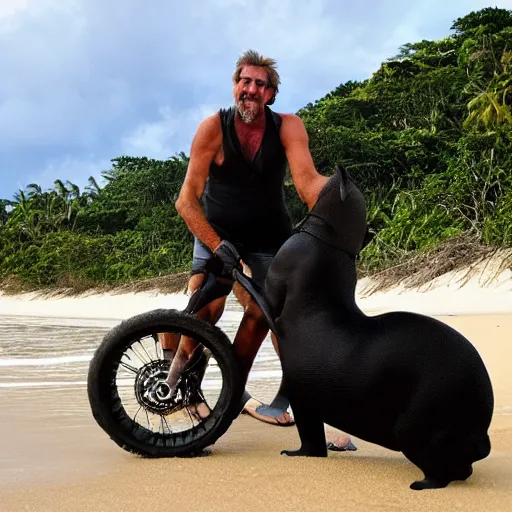 Prompt: john mcafee riding a black panther on a tropical beach