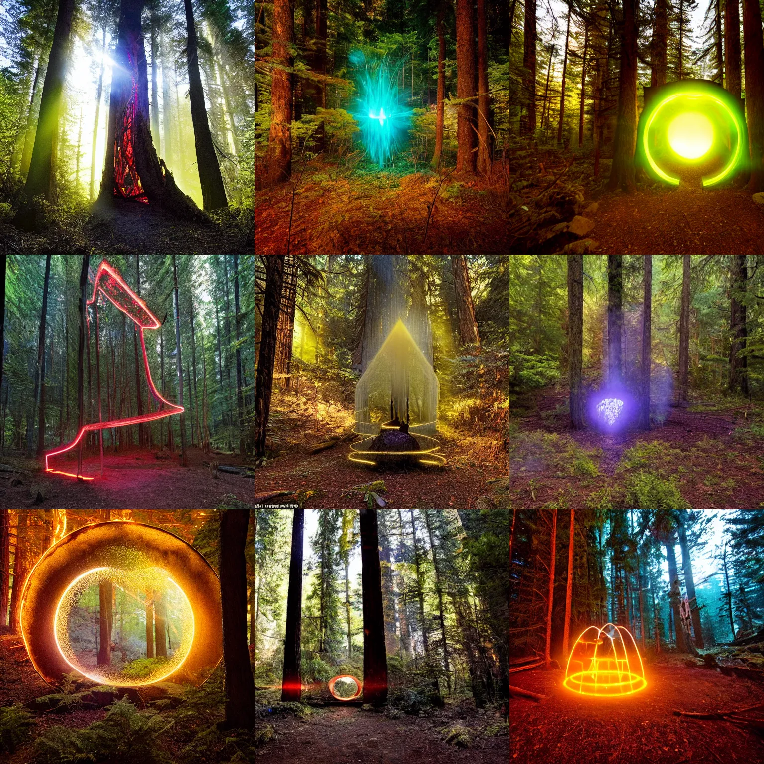 Prompt: photograph of a glowing magic portal that was discovered in a forest clearing in northern california, published in national geographic's may 2 0 2 7 issue