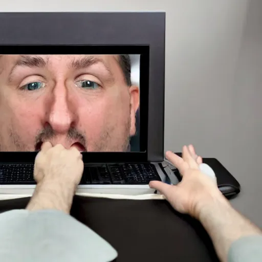 Image similar to A man yells at his computer out of fear due to his anxiety about the current development of AI-generated graphics and the possibility of imminent job loss.