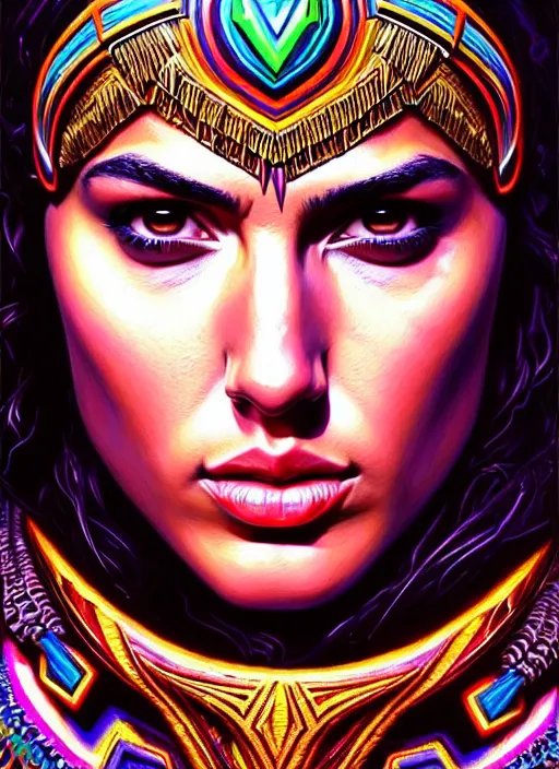 Prompt: portrait of gal gadot, hyper detailed ultra sharp aztec shaman warrior. trending on artstation, warpaint aesthetic, bloodwave, colorful, psychedelic, ornate, intricate, digital painting, concept art, smooth, sharp focus, illustration, art by artgerm and greg rutkowski and h. r. giger, 8 k